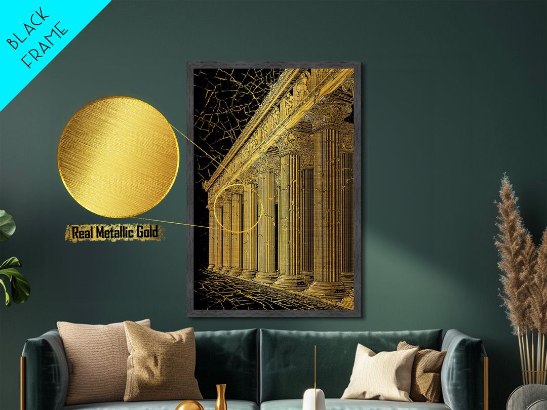 Ancient Parthenon Columns Metallic Gold Art, Classical Ruins Wall Decor, Real Wood Frame Metal Print Decor