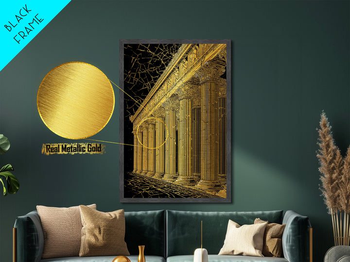 Ancient Parthenon Columns Metallic Gold Art, Classical Ruins Wall Decor, Real Wood Frame Metal Print Decor
