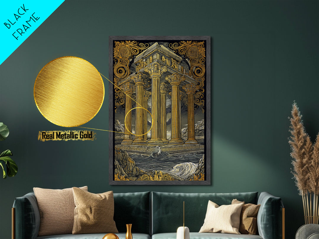 Temple Of The Gods, Mythological Architecture, Metallic Gold Metal Print, Real Wood Frame Wall Art