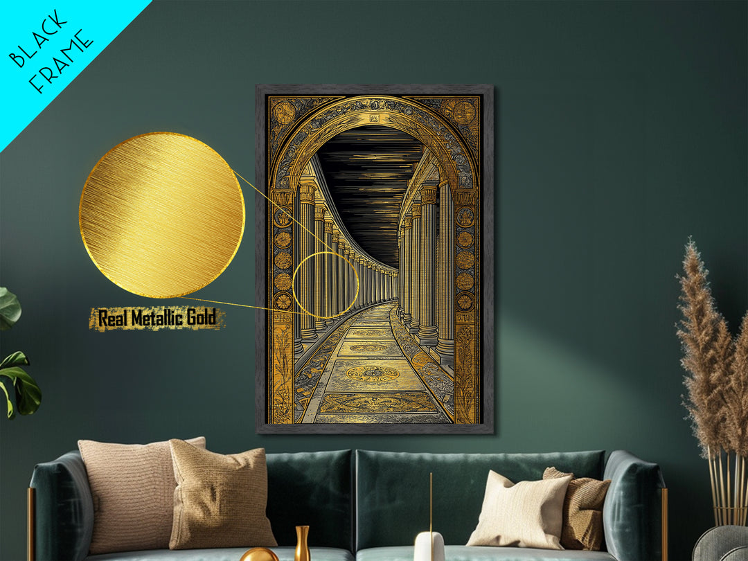 Endless Colonnade, Ancient Architecture Corridor, Metallic Gold Metal Print, Real Wood Frame Wall Art