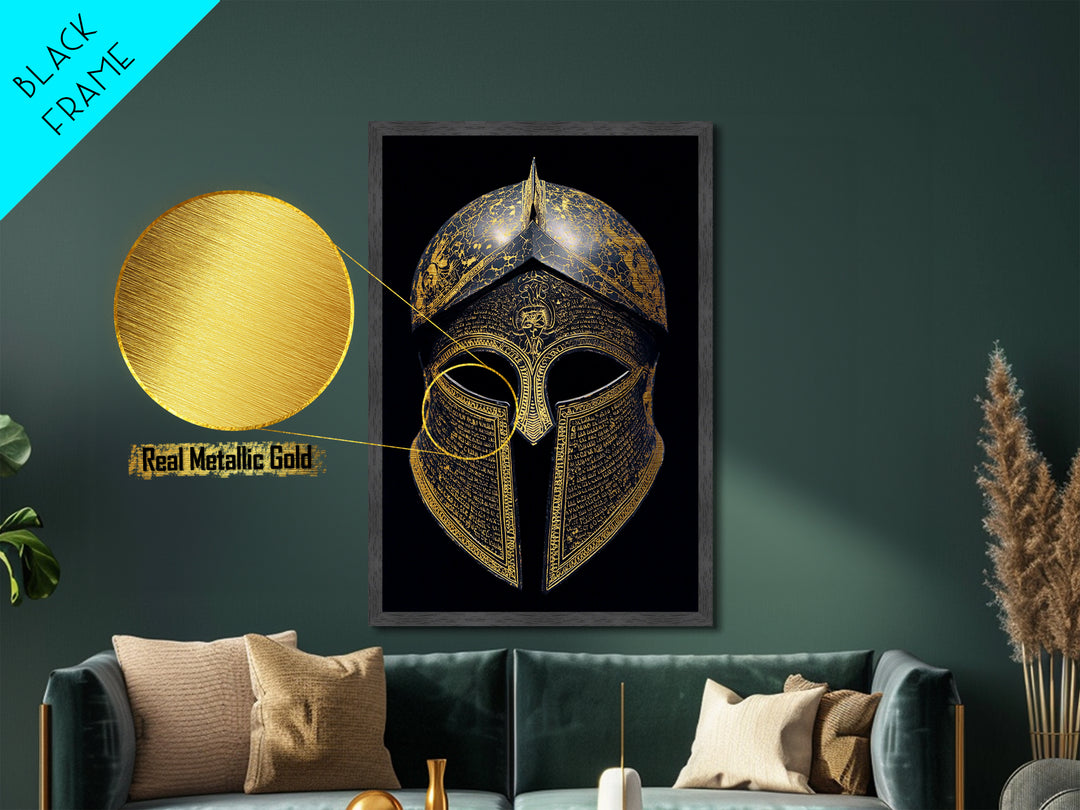 Ancient Greek Helmet with Cracked Texture and Text – Metallic Gold Art, Real Wood Frame Metal Art, Historical Spartan Wall Decor