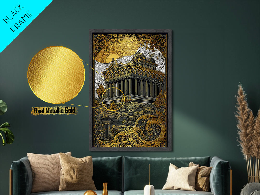 Greek Temple At Sunset, Ancient Architecture Wall Art, Metallic Gold Metal Print, Mythology Home Decor, Wood Frame