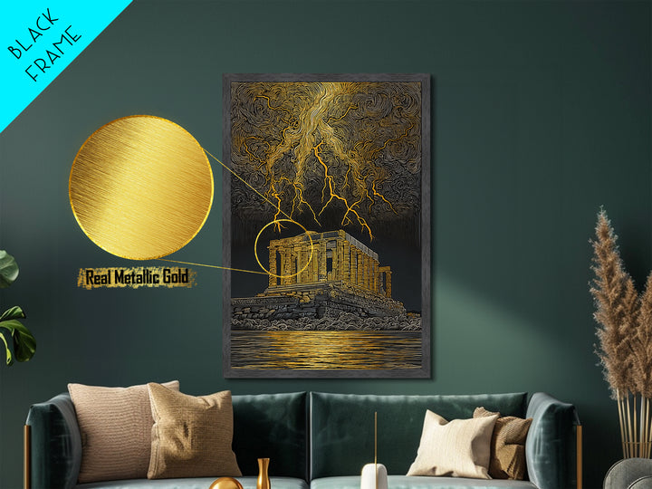 Parthenon With Lightning Storm, Dramatic Greek Myth Wall Art, Metallic Gold Metal Print, Ancient Decor, Wood Frame