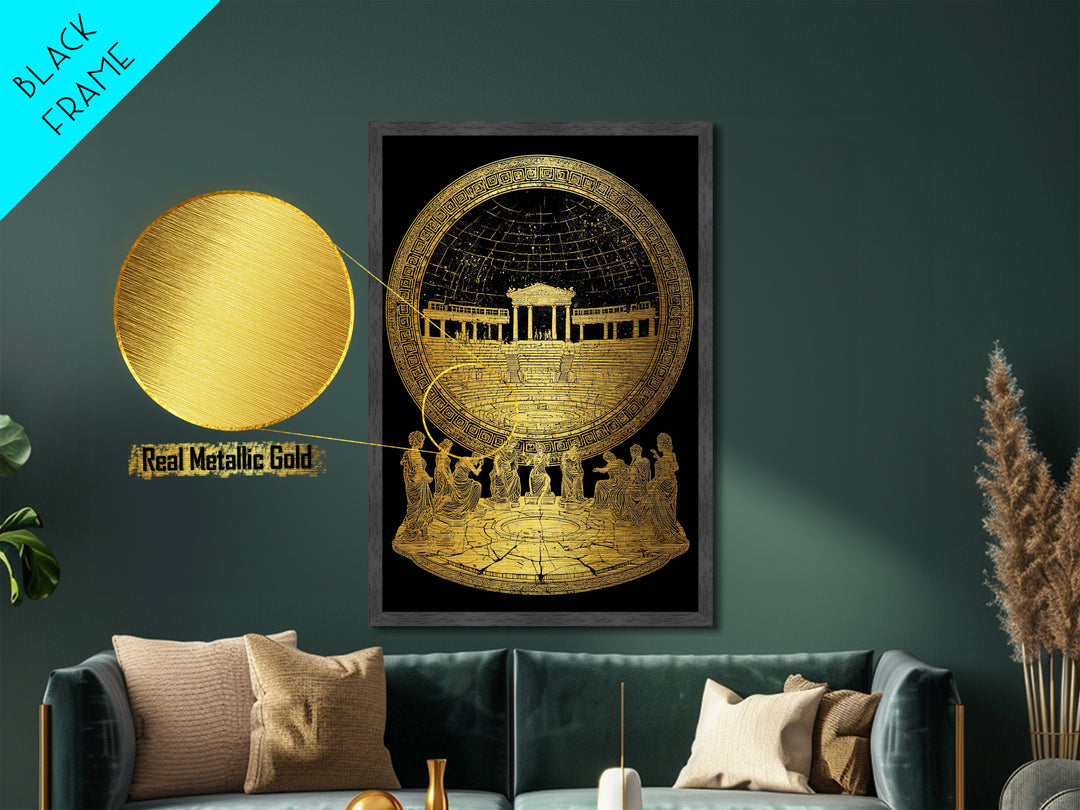 Greek Amphitheater With Muses, Ancient Mythology Wall Decor, Metallic Gold Metal Print, Classical Art, Wood Frame