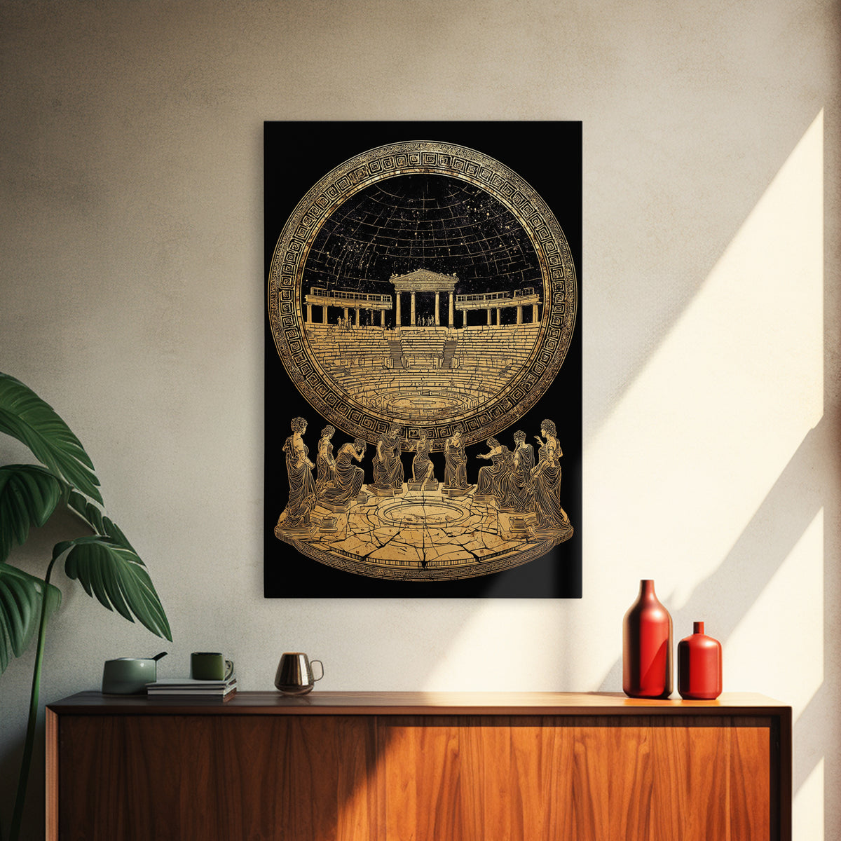 Greek Amphitheater With Muses, Ancient Mythology Wall Decor, Canvas Gold Canvas Print, Classical Art, Wood Frame
