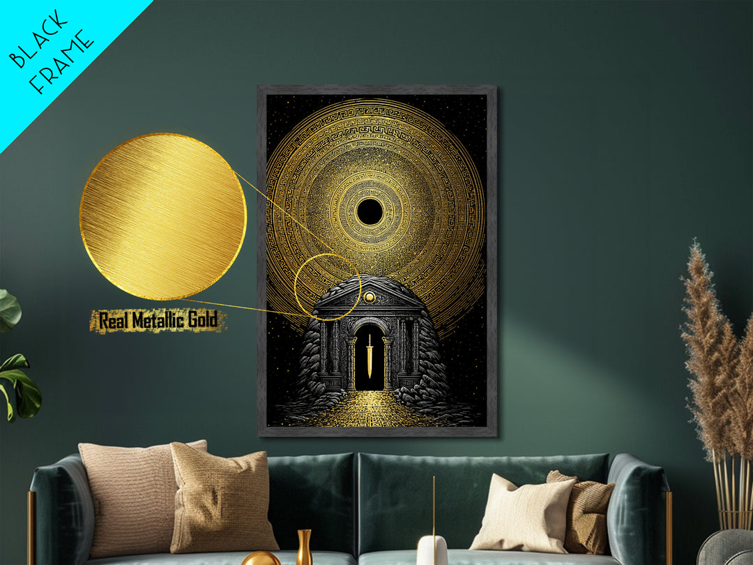 Sword Temple Cosmic Design, Mythology Wall Art, Metallic Gold Metal Print, Fantasy Decor, Ancient Architecture, Wood Frame