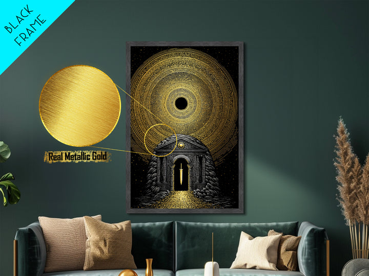 Sword Temple Cosmic Design, Mythology Wall Art, Metallic Gold Metal Print, Fantasy Decor, Ancient Architecture, Wood Frame