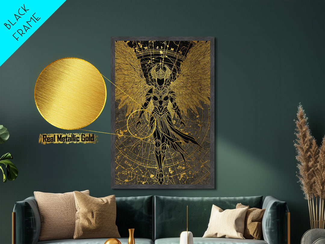 Celestial Angel Warrior, Astral Mythology Wall Art, Metallic Gold Metal Print, Fantasy Decor, Cosmic Figure, Wood Frame