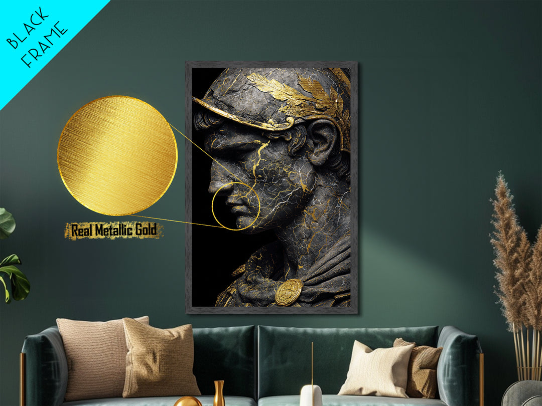 Roman Bust Statue, Classical Sculpture Wall Art, Metallic Gold Metal Print, Ancient Decor, Regal Design, Wood Frame