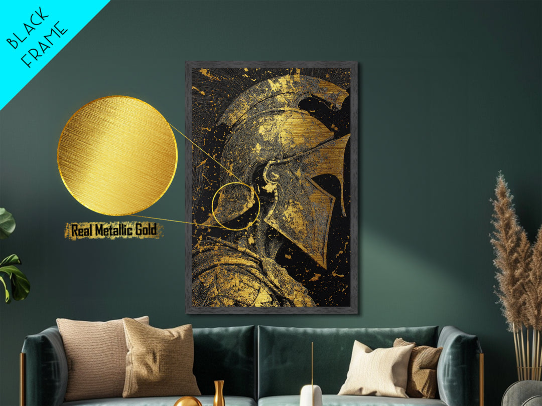 Greek Warrior Helmet, Metallic Gold Art, Ancient Soldier Wall Print, Mythology Decor, Real Wood Framed Metal Artwork