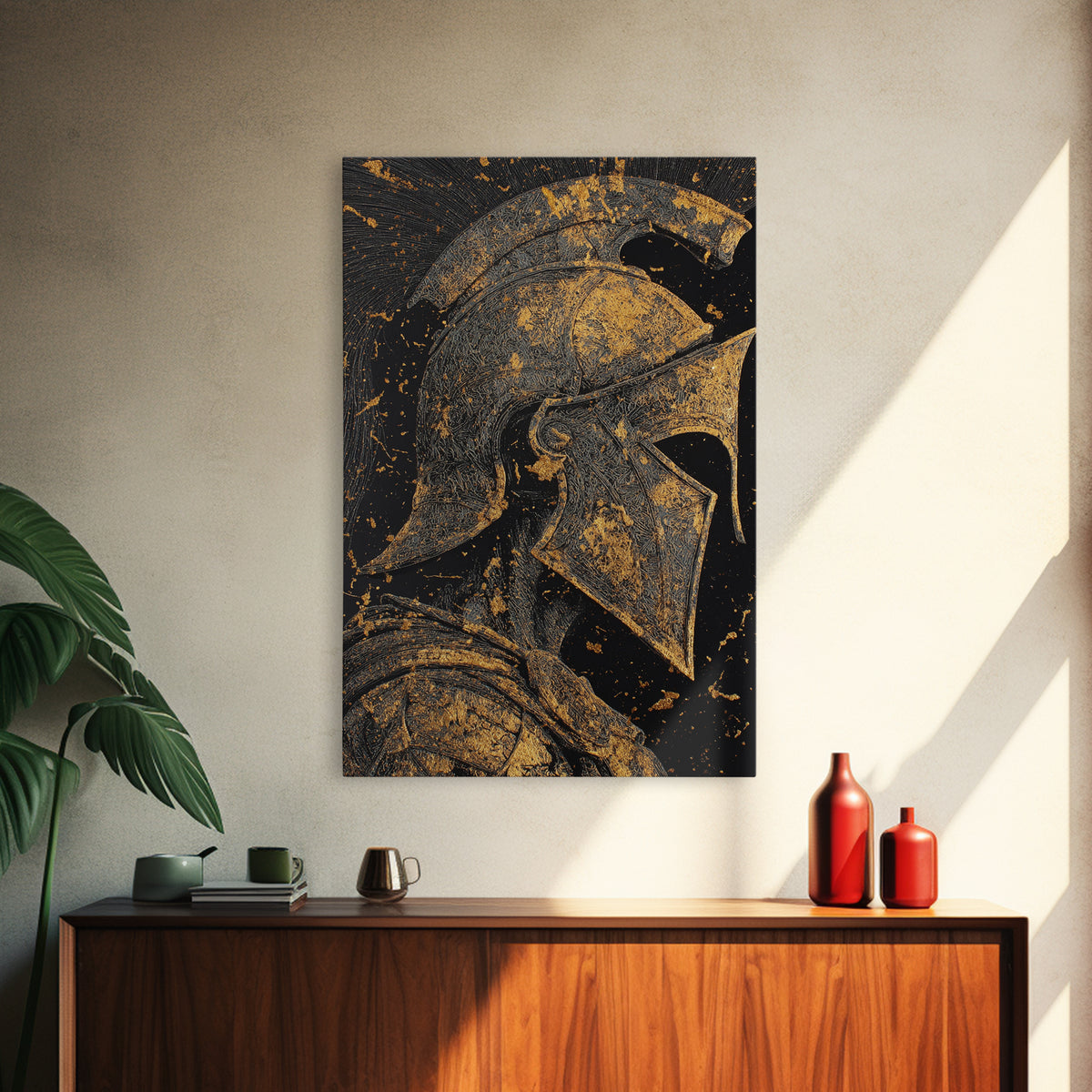 Greek Warrior Helmet, Canvas Gold Art, Ancient Soldier Wall Print, Mythology Decor, Real Wood Framed Canvas Artwork