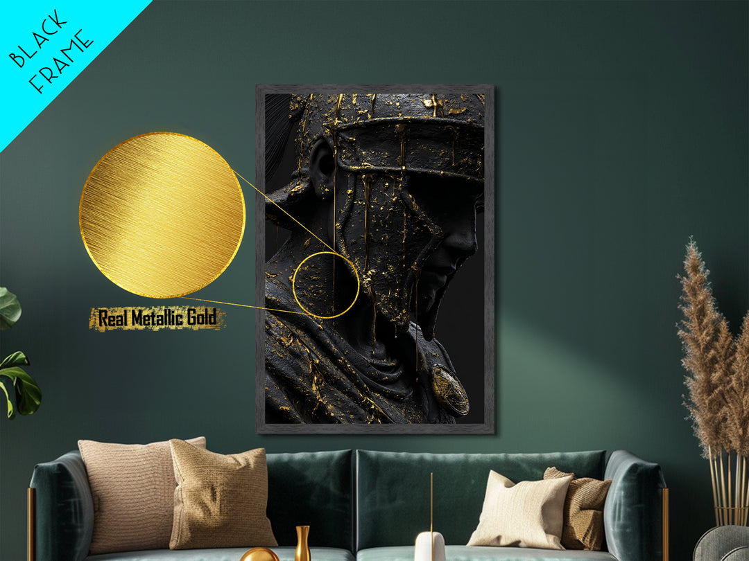 Spartan Warrior Bust, Metallic Gold Art, Ancient Helmet Metal Print, Real Wood Frame Wall Decor, Luxury Mythology Artwork