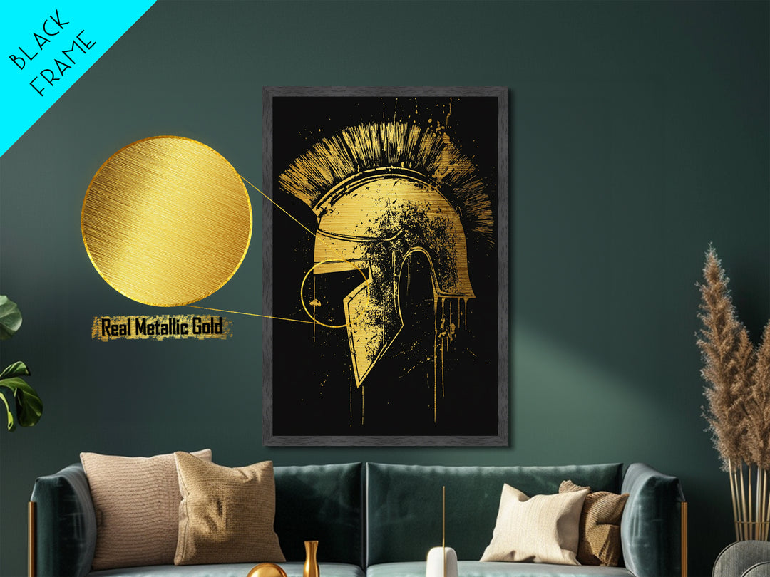 Spartan Helmet Illustration, Metallic Gold Metal Print, Ancient Warrior Wall Art, Real Wood Framed Mythology Decor