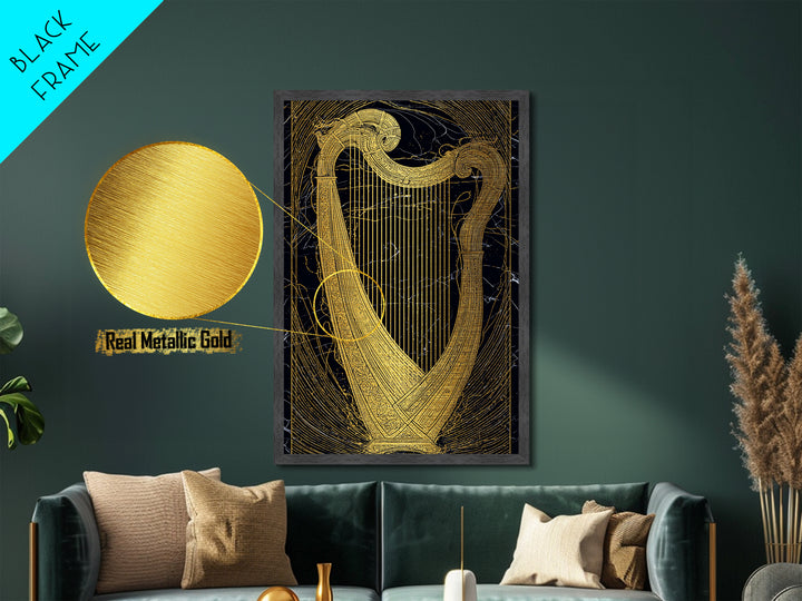 Golden Harp on Marble with Ornamental Lines – Metallic Gold Art, Metal Art in Real Wood Frame, Classical Music Instrument Decor