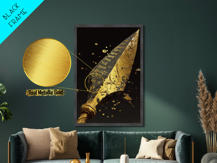 Inscribed Greek Spearhead in Motion Splash – Metallic Gold Art, Warrior Weapon Real Wood Framed Metal Art, Spartan Weapon Decor
