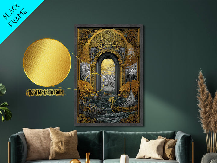 Viking Longships Through Mythic Gate – Metallic Gold Art, Epic Seafaring Metal Art in Real Wood Frame, Norse Voyage Wall Print