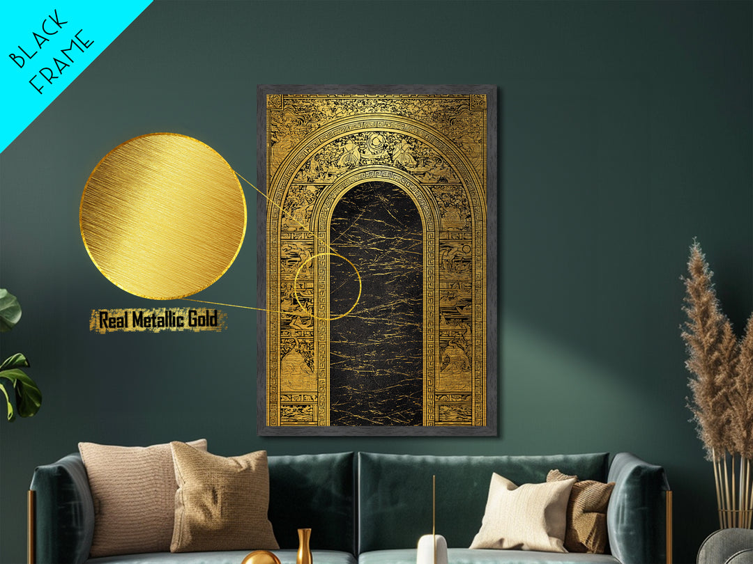 Ancient Greek Archway with Myth Scenes – Metallic Gold Art, Classical Panel Metal Art with Real Wood Frame, Temple Wall Decor