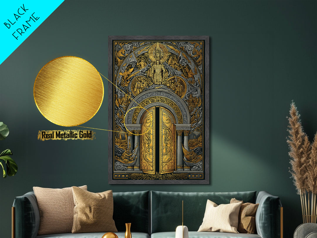 Byzantine Portal of Angels and Kings – Metallic Gold Art, Medieval Religious Metal Art in Real Wood Frame, Sacred History Wall Art