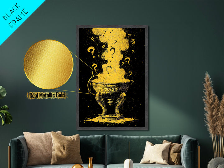 Golden Oracle Bowl with Rising Smoke – Metallic Gold Art, Mystical Ritual Metal Art Framed in Real Wood, Ancient Prophecy Decor