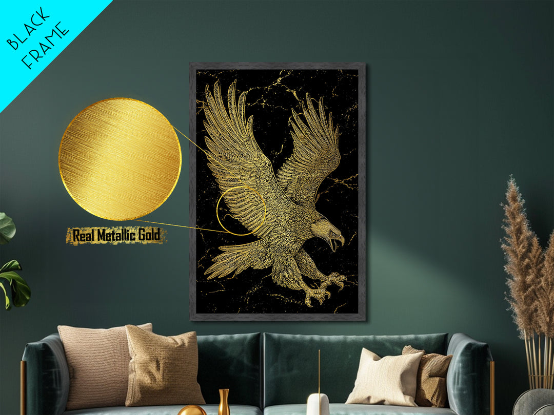 Detailed Golden Eagle with Spread Wings – Metallic Gold Art, Precision Linework Metal Art in Real Wood Frame, Regal Animal Decor