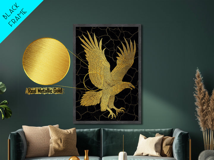 Golden Eagle Metal Art, Metal Print in Metallic Gold, Framed Metal Wall Art with Real Wood Frame, Black Background Luxury Wildlife Decor