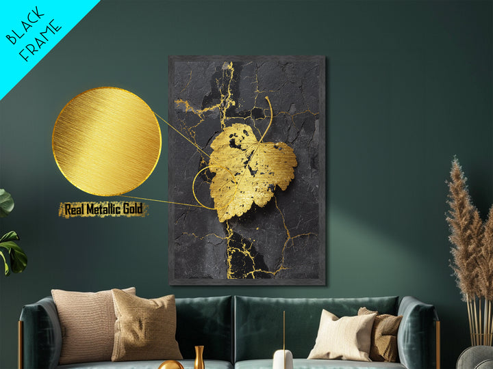 Gold Leaf on Black Marble Metal Art, Metallic Gold Metal Print, Framed Metal Wall Art with Real Wood Frame, Minimalist Modern Decor