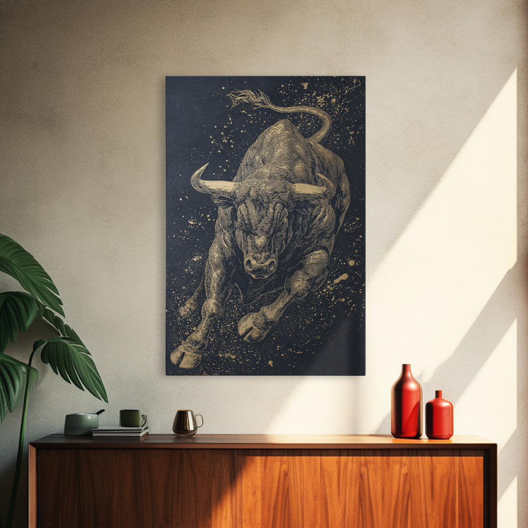 Leaping Bull Canvas Art, Canvas Gold Canvas Print, Framed Canvas Wall Art with Real Wood Frame, Dynamic Animal Modern Decor