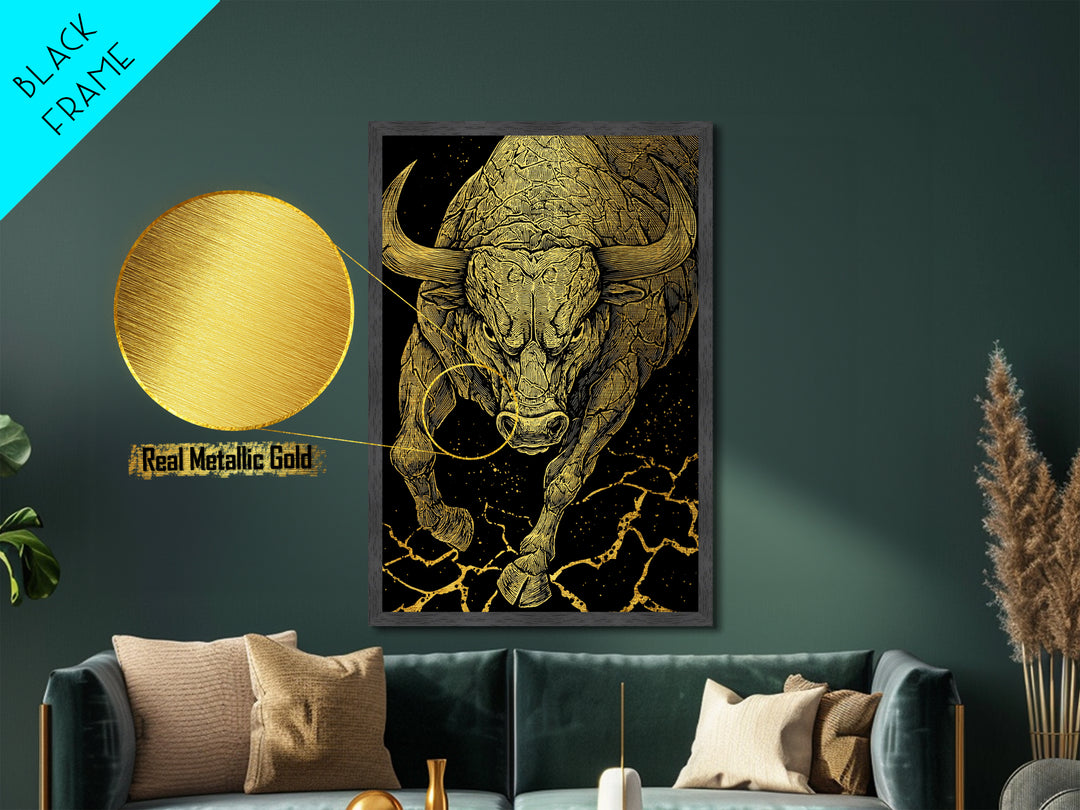 Charging Bull Metallic Gold Metal Print, Framed Metal Wall Art with Real Wood Frame, Dynamic Black and Gold Animal Decor
