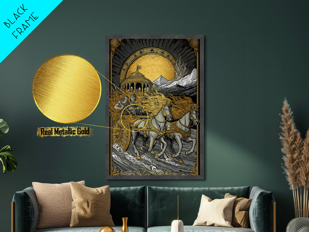 Sun Chariot Metallic Gold Metal Print, Framed Metal Wall Art with Real Wood Frame, Greek Myth Apollo Helios Horses Statement Decor