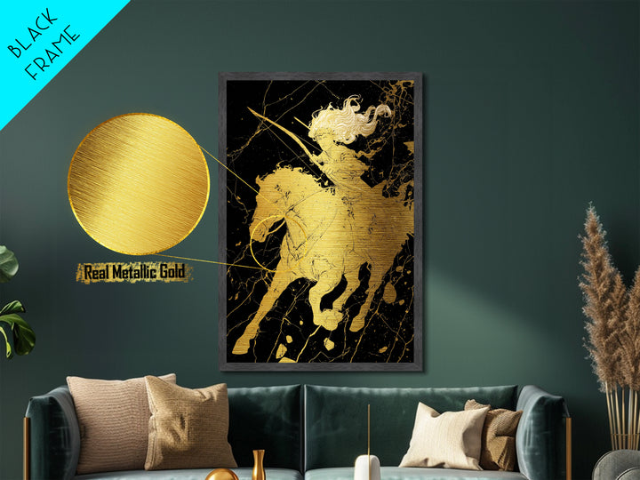 Huntress on Horse Metallic Gold Metal Print, Framed Metal Wall Art with Real Wood Frame, Warrior Goddess Archer Black Gold Decor