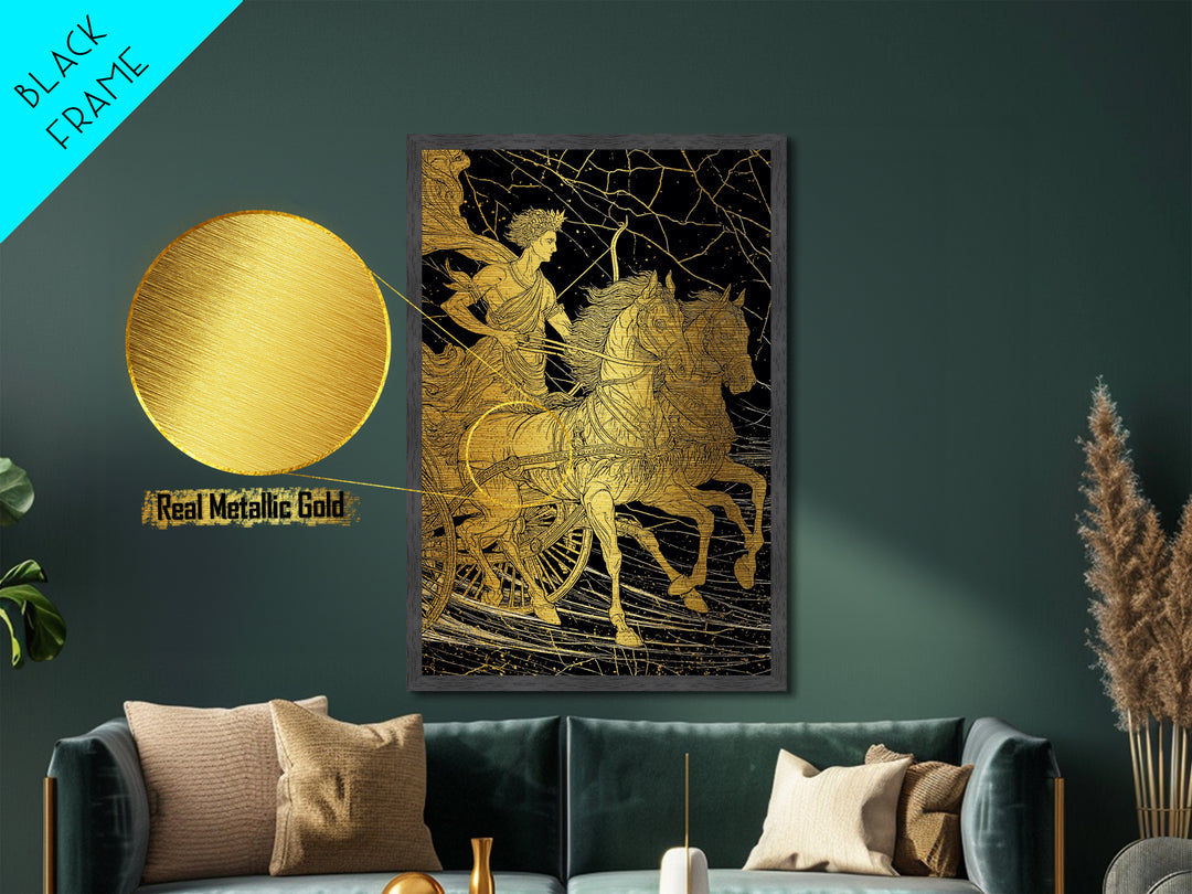 Apollo Sun Chariot Metallic Gold Metal Print, Framed Metal Wall Art with Real Wood Frame, Classical Greek God Horses Wall Decor