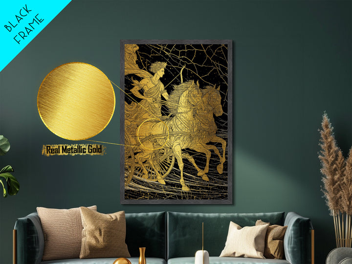 Apollo Sun Chariot Metallic Gold Metal Print, Framed Metal Wall Art with Real Wood Frame, Classical Greek God Horses Wall Decor