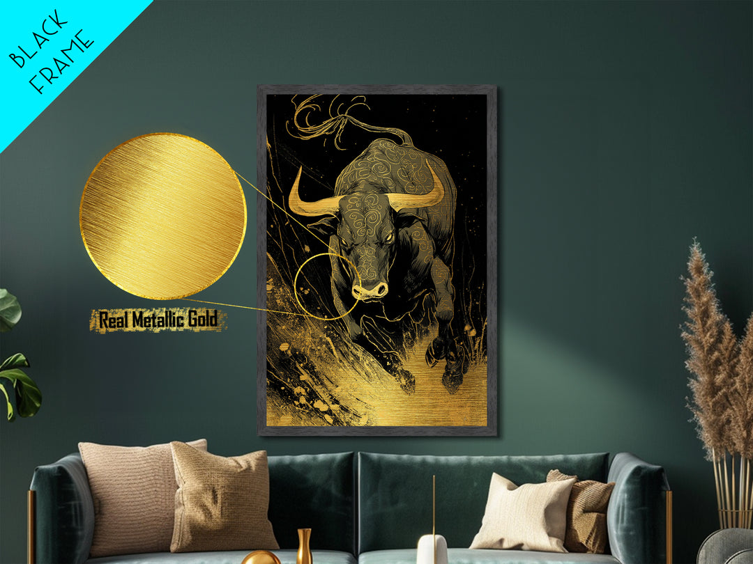 Bull Splash Metallic Gold Metal Print, Framed Metal Wall Art with Real Wood Frame, Powerful Charging Animal Black Gold Decor