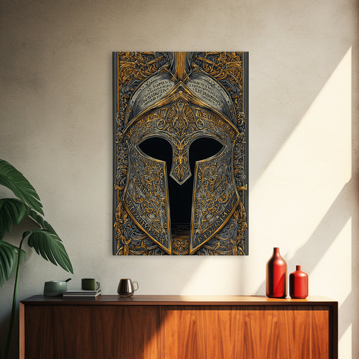 Ornate Spartan Helmet Detail with Inscriptions – Canvas Gold Art for Wall, Classical Armor Canvas Art, Greek Warrior Decor