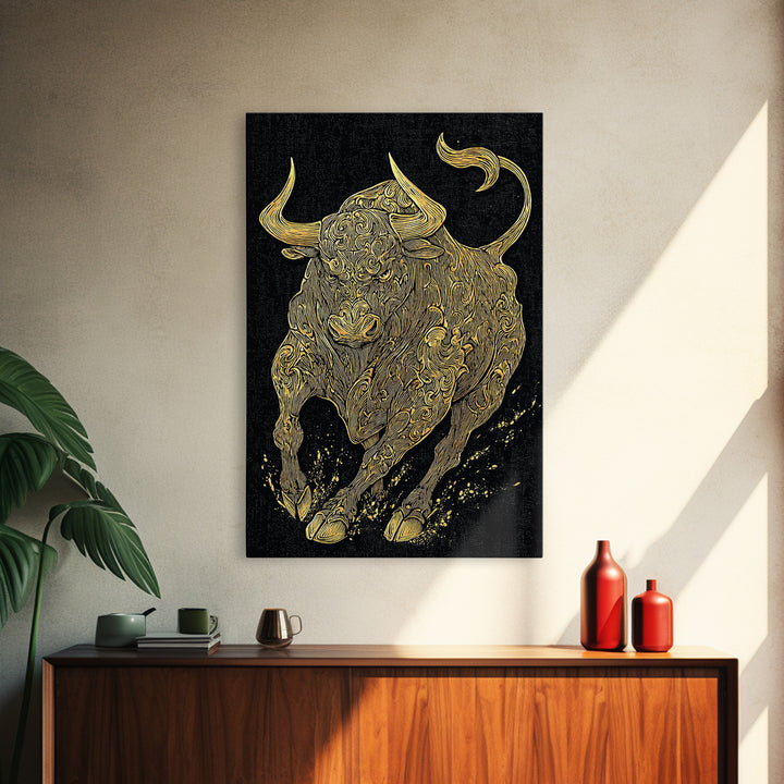 Ornate Bull Canvas Gold Canvas Print, Framed Canvas Wall Art with Real Wood Frame, Decorative Swirl Pattern Animal Gallery Decor