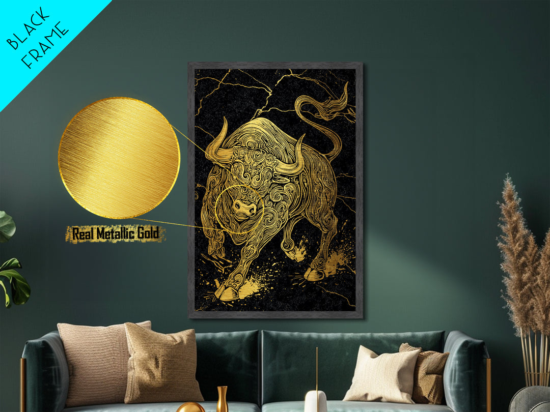 Ornate Bull Metallic Gold Metal Print, Framed Metal Wall Art with Real Wood Frame, Black and Gold Animal Decor for Luxury Home