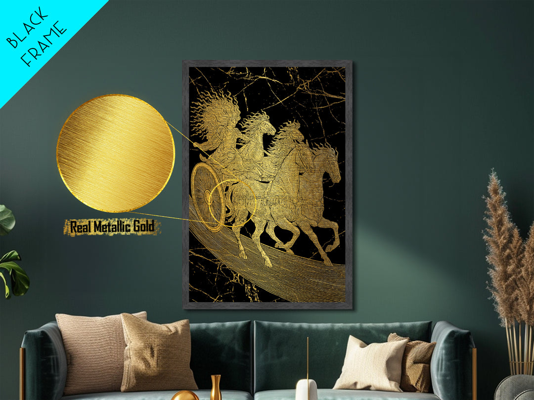 Golden Chariot Metallic Gold Art, Framed Metal Wall Art with Real Wood Frame, Classical Black and Gold Greek Myth Horse Decor