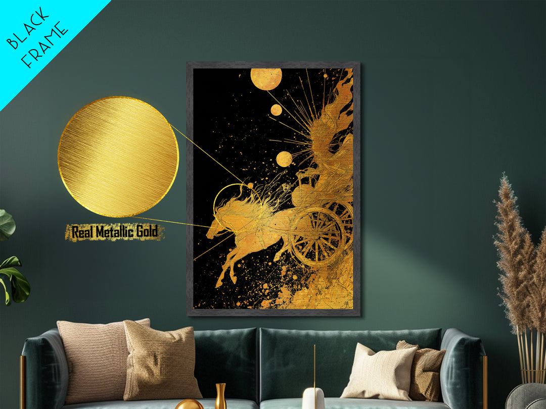 Celestial Chariot Metallic Gold Art, Framed Metal Wall Art with Real Wood Frame, Radiant Greek Myth Sun and Horse Wall Decor