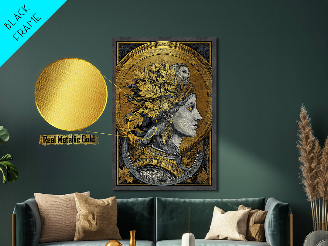 Athena Portrait Metallic Gold Metal Print, Framed Metal Wall Art with Real Wood Frame, Greek Goddess with Owl Luxury Home Decor