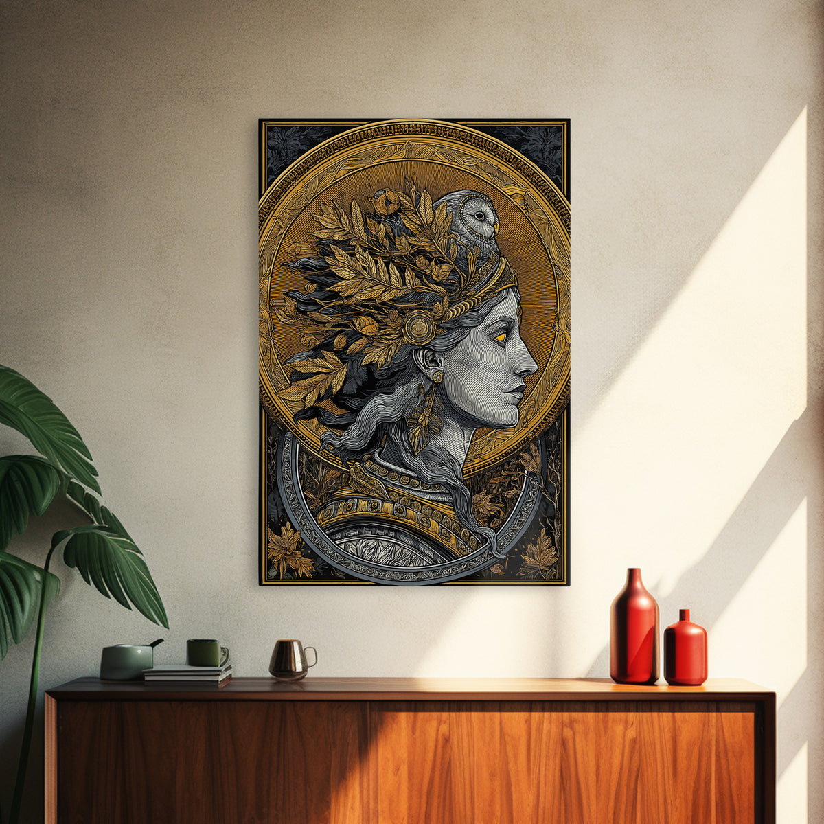 Athena Portrait Canvas Gold Canvas Print, Framed Canvas Wall Art with Real Wood Frame, Greek Goddess with Owl Luxury Home Decor