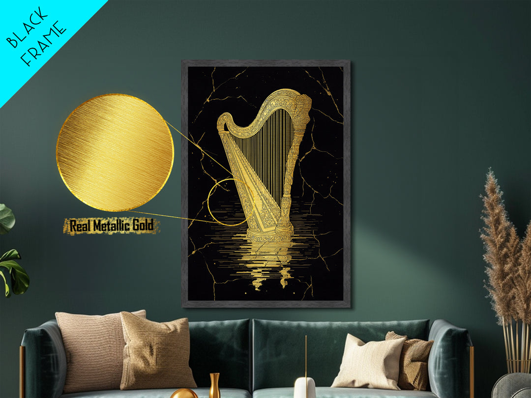Golden Harp Metallic Gold Metal Print, Framed Metal Wall Art with Real Wood Frame, Black and Gold Classical Instrument Decor