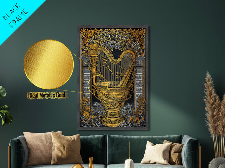 Ornate Harp Metallic Gold Art, Framed Metal Wall Art with Real Wood Frame, Black and Gold Botanical Classical Music Wall Decor