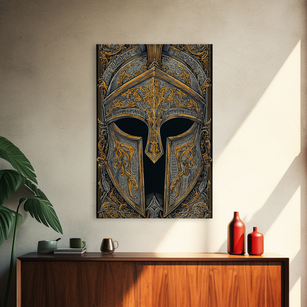 Floral-Engraved Spartan Helmet in Gold – Canvas Gold Art, Antique Armor Canvas Art, Greek Warrior Wall Sculpture Print
