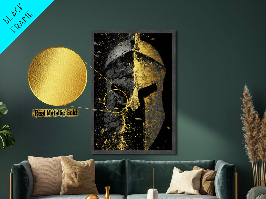 Shattered Spartan Helmet Metallic Gold Metal Print – Half Black Rock Half Gold Warrior Art – Real Wood Frame Home Wall Decor