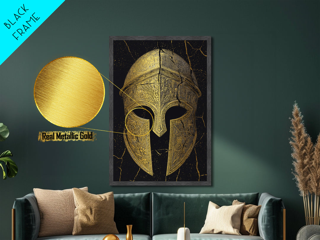 Detailed Spartan Helmet Metallic Gold Metal Print – Engraved Greek History Art with Real Wood Frame – Warrior Wall Decor