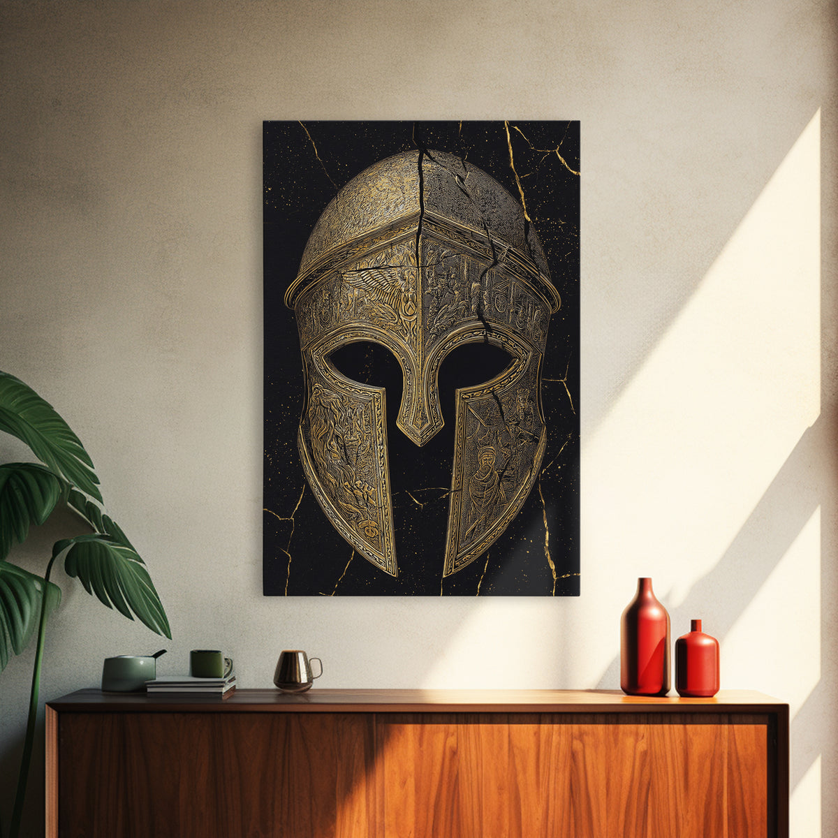 Detailed Spartan Helmet Canvas Gold Canvas Print – Engraved Greek History Art with Real Wood Frame – Warrior Wall Decor