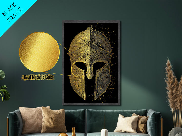 Historic Greek Helmet Metallic Gold Art – Ancient Battle Warrior Wall Metal Print with Real Wood Frame – Museum Quality Decor