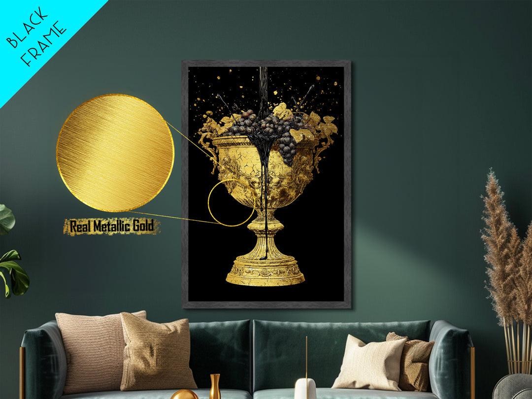 Luxurious Golden Chalice Metallic Gold Metal Print – Grapes & Wine Still Life Wall Art with Real Wood Frame – Elegant Kitchen Decor
