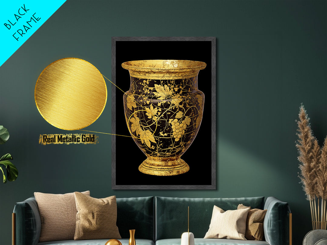 Black & Gold Grape Vase Metallic Gold Metal Print – Elegant Vine & Wine Themed Wall Art with Real Wood Frame – Modern Classic Decor
