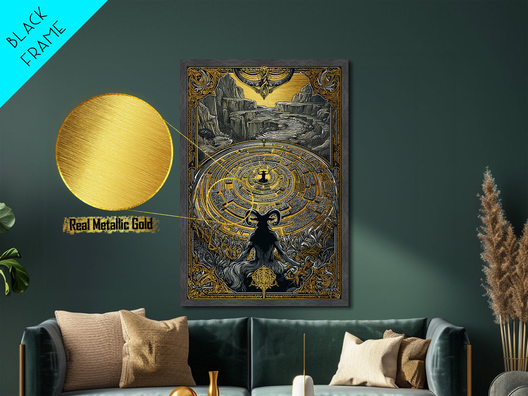 Labyrinth Minotaur Fantasy Scene Metallic Gold Metal Print with Real Wood Frame – Mythology Inspired Wall Art